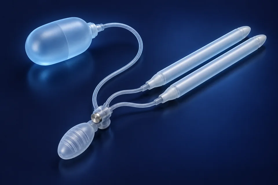 Ilustración conceptual de una prótesis peneana inflable de tres componentes, sin mostrar anatomía externa
